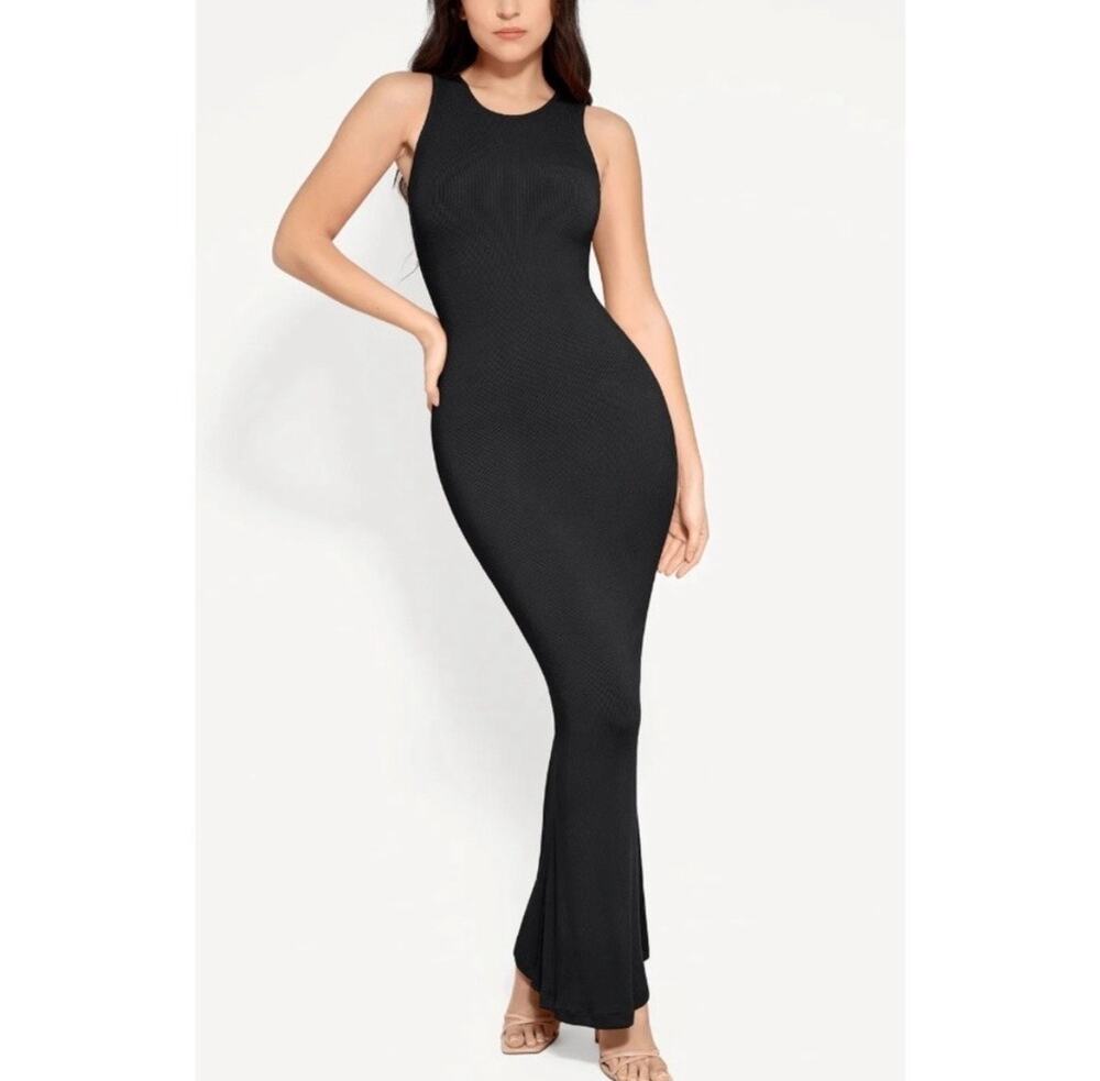Popilush Black Ribbed Sleeveless Bodycon Maxi Dress Shapewear SMALL Crew Neck